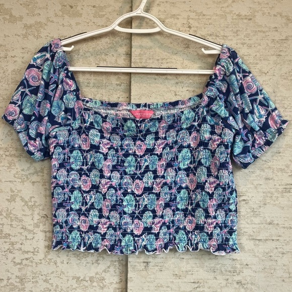 Simply Southern Crop Smocked Puff Sleeve Shirred Top Sz XXL Sea Shells Beach - Picture 1 of 14